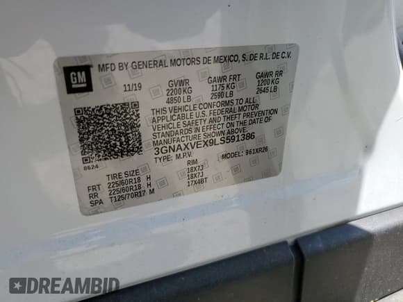 ✅ 2020 Chevrolet Equinox LT • VIN: 3GNAXVEX9LS591386 • Lot: 53841465. Listed on Copart with 59,265 mi. Free auction sales archive from the USA and detailed vehicle history report at DreamBid. Image 13.