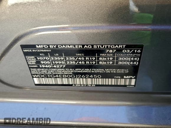 ✅ 2016 Mercedes-Benz GLA 250 • VIN: WDCTG4EB0GJ262450 • Lot: 94670685. Listed on Copart with 106,169 mi. Free auction sales archive from the USA and detailed vehicle history report at DreamBid. Image 13.