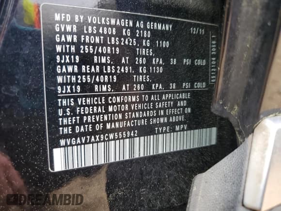 ✅ 2012 Volkswagen Tiguan LE • VIN: WVGAV7AX9CW555942 • Lot: 51303575. Listed on Copart with 130,491 mi. Free auction sales archive from the USA and detailed vehicle history report at DreamBid. Image 13.