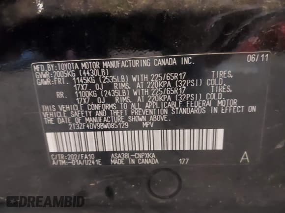 ✅ 2011 Toyota RAV4 • VIN: 2T3ZF4DV9BW085129 • Lot: 43357106. Listed on IAAI with 201,459 mi. Free auction sales archive from the USA and detailed vehicle history report at DreamBid. Image 9.