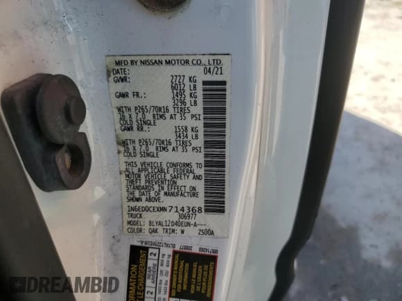 ✅ 2021 Nissan Frontier S • VIN: 1N6ED0CEXMN714368 • Lot: 42721045. Listed on Copart with 52,603 mi. Free auction sales archive from the USA and detailed vehicle history report at DreamBid. Image 13.