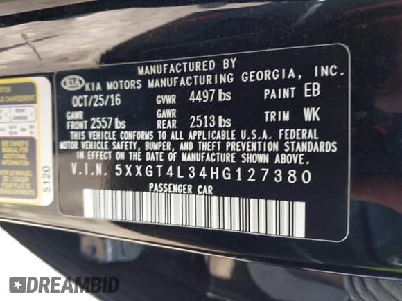 ✅ 2017 Kia Optima LX • VIN: 5XXGT4L34HG127380 • Lot: 42341861. Listed on IAAI with 82,704 mi. Free auction sales archive from the USA and detailed vehicle history report at DreamBid. Image 9.