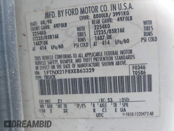 ✅ 1999 Ford F-250 XL • VIN: 1FTNX21F8XEB63329 • Lot: 42805130. Listed on IAAI with 351,775 mi. Free auction sales archive from the USA and detailed vehicle history report at DreamBid. Image 9.