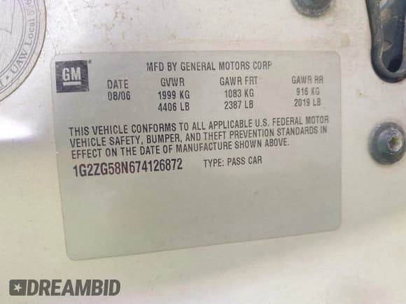 ✅ 2007 Pontiac G6 G6 • VIN: 1G2ZG58N674126872 • Lot: 42832558. Listed on IAAI with 236,825 mi. Free auction sales archive from the USA and detailed vehicle history report at DreamBid. Image 9.