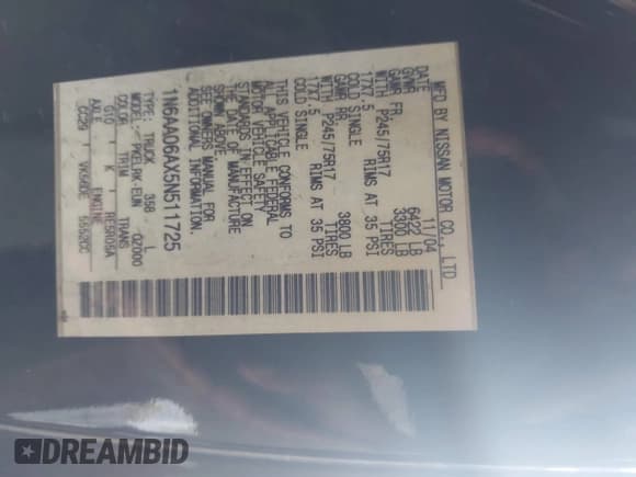 ✅ 2005 Nissan Titan SE • VIN: 1N6AA06AX5N511725 • Lot: 43131706. Listed on IAAI with 226,576 mi. Free auction sales archive from the USA and detailed vehicle history report at DreamBid. Image 9.