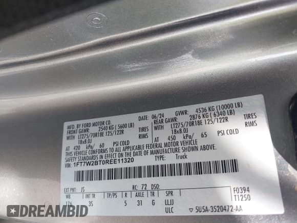 ✅ 2024 Ford F-250 XL • VIN: 1FT7W2BT0REE11320 • Lot: 43377193. Listed on IAAI with Not provided. Free auction sales archive from the USA and detailed vehicle history report at DreamBid. Image 9.