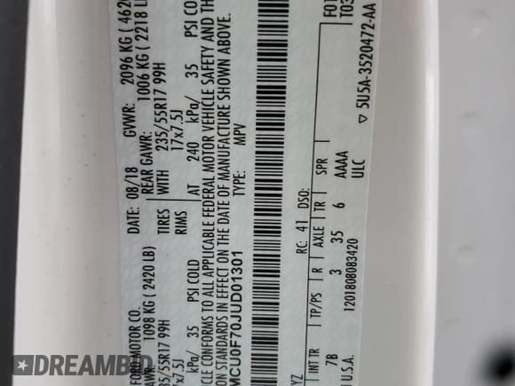 ✅ 2018 Ford Escape S • VIN: 1FMCU0F70JUD01301 • Lot: 93354925. Listed on Copart with 67,129 mi. Free auction sales archive from the USA and detailed vehicle history report at DreamBid. Image 12.