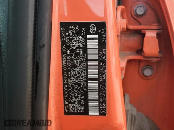 ✅ 2013 Toyota Prius Two • VIN: JTDKDTB3XD1037725 • Lot: 85896335. Listed on Copart with 163,532 mi. Free auction sales archive from the USA and detailed vehicle history report at DreamBid. Image 12.