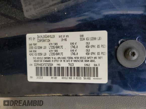 2007 Dodge 3500 Laramie with VIN 3D3MX48C07G732564, listed as a Copart auction lot 43777115 with Not provided miles and Salvage title. Bid and sale history available at DreamBid. Image 12.