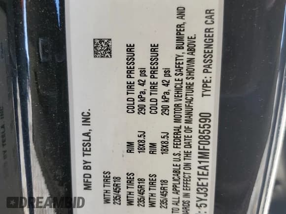 ✅ 2021 Tesla Model 3 Standard Range Plus • VIN: 5YJ3E1EA1MF085590 • Lot: 91658935. Listed on Copart with Not provided. Free auction sales archive from the USA and detailed vehicle history report at DreamBid. Image 12.