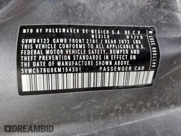 ✅ 2019 Volkswagen Jetta S • VIN: 3VWC57BU8KM154301 • Lot: 86467835. Wystawiony na Copart z przebiegiem 110 368 mil. Bezpłatny archiwum sprzedaży aukcyjnych z USA i szczegółowy raport historii pojazdu na DreamBid. Zdjęcie 12.