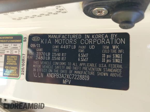 ✅ 2012 Kia Sportage LX • VIN: KNDPB3A2XC7228819 • Lot: 42179698. Listed on IAAI with 177,908 mi. Free auction sales archive from the USA and detailed vehicle history report at DreamBid. Image 9.