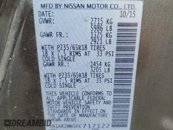 ✅ 2015 Nissan Pathfinder Platinum • VIN: 5N1AR2MN5FC717122 • Lot: 71411965. Wystawiony na Copart z przebiegiem 215 470 mil. Bezpłatny archiwum sprzedaży aukcyjnych z USA i szczegółowy raport historii pojazdu na DreamBid. Zdjęcie 12.