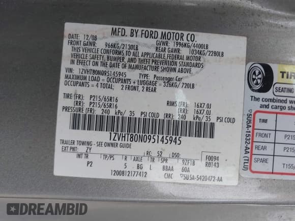 ✅ 2009 Ford Mustang • VIN: 1ZVHT80N095145945 • Lot: 42832887. Listed on IAAI with 200,215 mi. Free auction sales archive from the USA and detailed vehicle history report at DreamBid. Image 9.