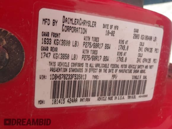 ✅ 2003 Dodge Durango R/T • VIN: 1D8HS78Z33F535013 • Lot: 43134455. Wystawiony na IAAI z przebiegiem 140 748 mil. Bezpłatny archiwum sprzedaży aukcyjnych z USA i szczegółowy raport historii pojazdu na DreamBid. Zdjęcie 9.