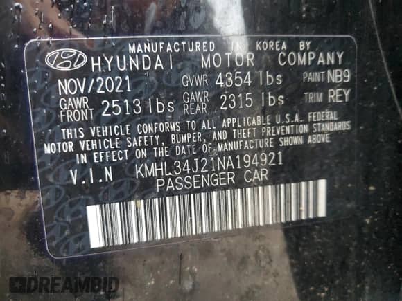 2022 Hyundai Sonata Limited with VIN KMHL34J21NA194921, listed as a Copart auction lot 81644765 with 75,974 mi miles and Salvage title. Bid and sale history available at DreamBid. Image 12.