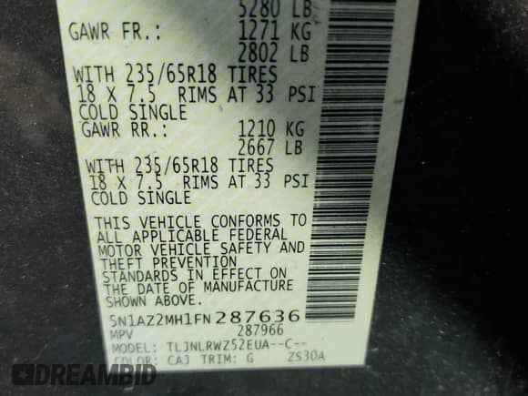 2015 Nissan Murano SL with VIN 5N1AZ2MH1FN287636, listed as a Copart auction lot 71753845 with 92,717 mi miles and Salvage title. Bid and sale history available at DreamBid. Image 13.