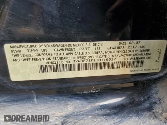 ✅ 2007 Volkswagen Jetta 2.5 • VIN: 3VWRF71K17M119517 • Lot: 59631974. Listed on Copart with 243,795 mi. Free auction sales archive from the USA and detailed vehicle history report at DreamBid. Image 13.