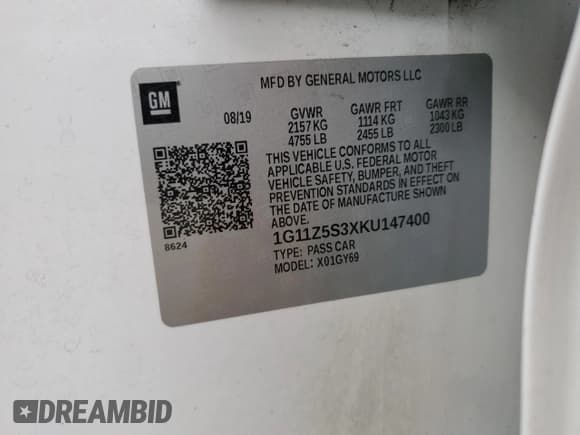 ✅ 2019 Chevrolet Impala LT • VIN: 1G11Z5S3XKU147400 • Лот: 77574374. Опубликован ранее на Copart с пробегом 93 211 миль. Бесплатный доступ к архиву аукционных продаж из США и подробный отчёт об истории автомобиля на DreamBid. Изображение 12.