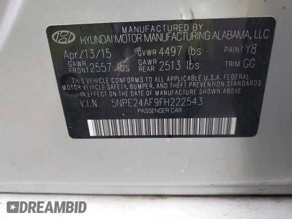 2015 Hyundai Sonata SE z VIN 5NPE24AF9FH222543, wystawiony jako IAAI lot #43351081 z przebiegiem 54 367 mil mil oraz . Historia ofert i sprzedaży dostępna na DreamBid. Obrazek 9.