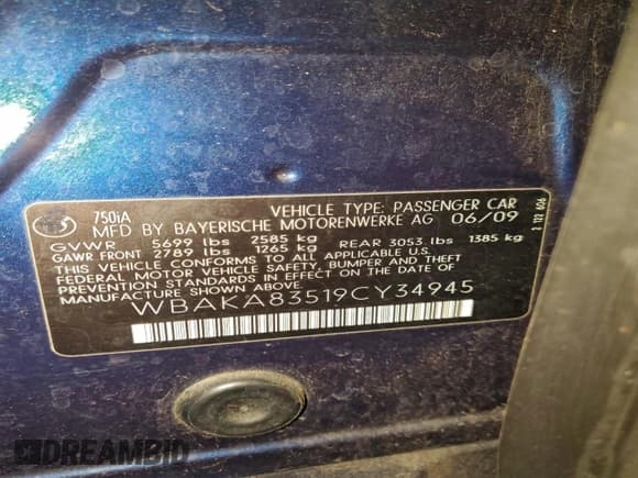 ✅ 2009 BMW 7 Series 750i • VIN: WBAKA83519CY34945 • Lot: 96742665. Listed on Copart with 99,739 mi. Free auction sales archive from the USA and detailed vehicle history report at DreamBid. Image 12.