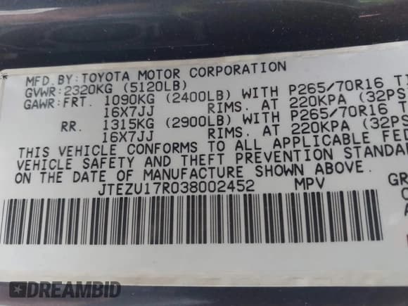✅ 2003 Toyota 4Runner Limited • VIN: JTEZU17R038002452 • Lot: 43578238. Listed on IAAI with 314,685 mi. Free auction sales archive from the USA and detailed vehicle history report at DreamBid. Image 9.