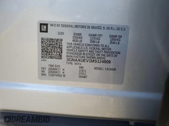 ✅ 2021 Chevrolet Equinox LT • VIN: 3GNAXUEV1MS124909 • Lot: 85860995. Listed on Copart with 88,479 mi. Free auction sales archive from the USA and detailed vehicle history report at DreamBid. Image 12.