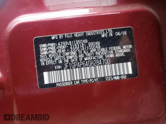 ✅ 2016 Subaru Impreza Special Sports Premium • VIN: JF1GPAP64GH284700 • Lot: 80935235. Listed on Copart with 112,085 mi. Free auction sales archive from the USA and detailed vehicle history report at DreamBid. Image 10.