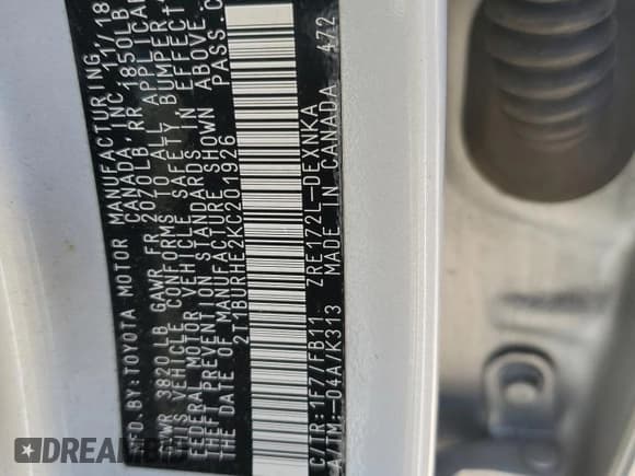 ✅ 2019 Toyota Corolla L • VIN: 2T1BURHE2KC201926 • Lot: 87062675. Listed on Copart with 45,909 mi. Free auction sales archive from the USA and detailed vehicle history report at DreamBid. Image 12.