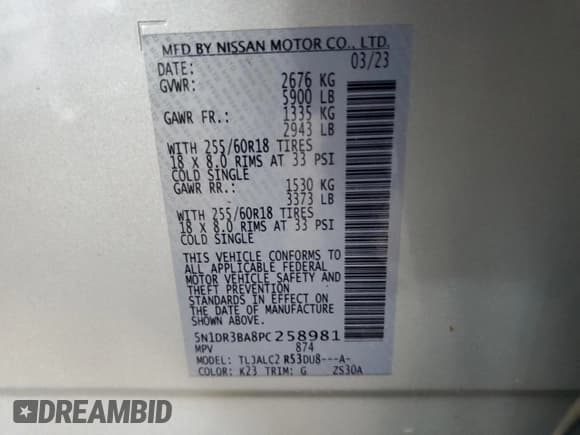 ✅ 2023 Nissan Pathfinder SV • VIN: 5N1DR3BA8PC258981 • Lot: 80084975. Listed on Copart with 29,836 mi. Free auction sales archive from the USA and detailed vehicle history report at DreamBid. Image 13.