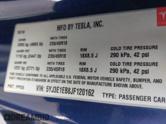 ✅ 2018 Tesla Model 3 Long Range Battery • VIN: 5YJ3E1EB8JF120162 • Лот: 42902565. Опубликован ранее на IAAI с пробегом 104 910 миль. Бесплатный доступ к архиву аукционных продаж из США и подробный отчёт об истории автомобиля на DreamBid. Изображение 9.