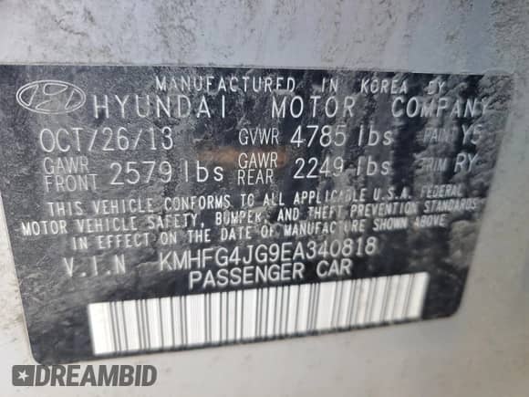 2014 Hyundai Azera z VIN KMHFG4JG9EA340818, wystawiony jako Copart lot #47789005 z przebiegiem 91 317 mil mil oraz Szkoda całkowita • Salvage title. Historia ofert i sprzedaży dostępna na DreamBid. Obrazek 13.