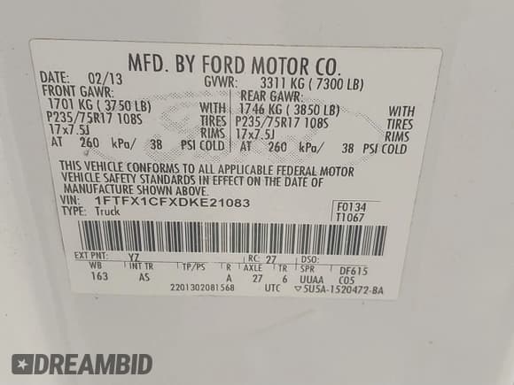 ✅ 2013 Ford F-150 XL • VIN: 1FTFX1CFXDKE21083 • Lot: 41395847. Listed on IAAI with 245,661 mi. Free auction sales archive from the USA and detailed vehicle history report at DreamBid. Image 9.