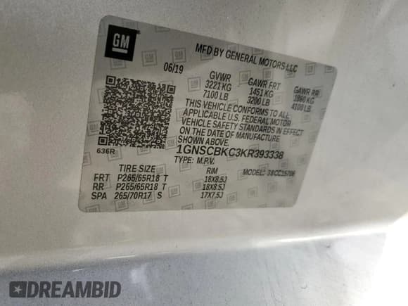 ✅ 2019 Chevrolet Tahoe LT • VIN: 1GNSCBKC3KR393338 • Lot: 85341565. Listed on Copart with 95,746 mi. Free auction sales archive from the USA and detailed vehicle history report at DreamBid. Image 13.