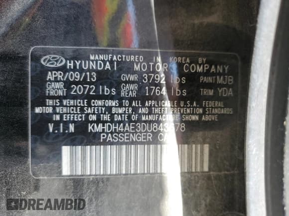 ✅ 2013 Hyundai Elantra GLS • VIN: KMHDH4AE3DU843678 • Lot: 86872015. Listed on Copart with 136,000 mi. Free auction sales archive from the USA and detailed vehicle history report at DreamBid. Image 13.