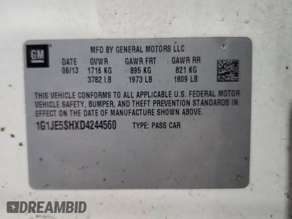 ✅ 2013 Chevrolet Sonic LTZ • VIN: 1G1JE5SHXD4244560 • Lot: 91515575. Listed on Copart with 175,902 mi miles. Access the free auction sales archive from the USA and view a detailed vehicle history report at DreamBid. Image 12.