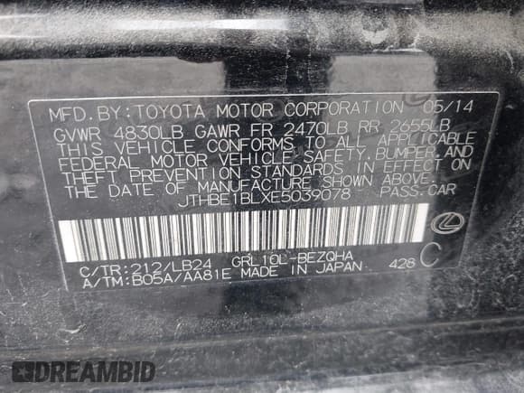 ✅ 2014 Lexus GS 350 • VIN: JTHBE1BLXE5039078 • Lot: 42213799. Listed on IAAI with 217,185 mi. Free auction sales archive from the USA and detailed vehicle history report at DreamBid. Image 9.