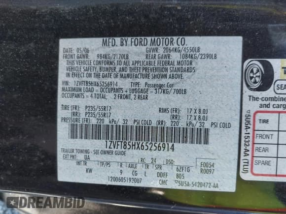 ✅ 2006 Ford Mustang GT Deluxe • VIN: 1ZVFT85HX65256914 • Lot: 43726242. Listed on IAAI with 170,104 mi. Free auction sales archive from the USA and detailed vehicle history report at DreamBid. Image 9.