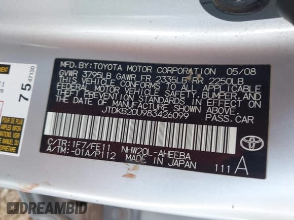 ✅ 2008 Toyota Prius • VIN: JTDKB20U983426099 • Lot: 43711248. Listed on IAAI with Not provided. Free auction sales archive from the USA and detailed vehicle history report at DreamBid. Image 9.