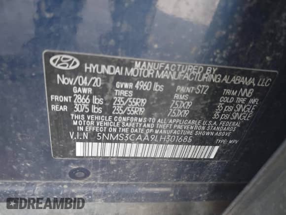 2020 Hyundai Santa Fe SEL с VIN 5NMS3CAA9LH301685, выставлен на аукционе IAAI как лот 43556398 с пробегом 93 383 миль миль и . История ставок и продаж доступна на DreamBid. Изображение 9.