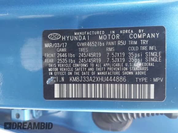 2017 Hyundai Tucson Sport with VIN KM8J33A2XHU444886, listed as a IAAI auction lot 41485774 with 103,159 mi miles and . Bid and sale history available at DreamBid. Image 9.