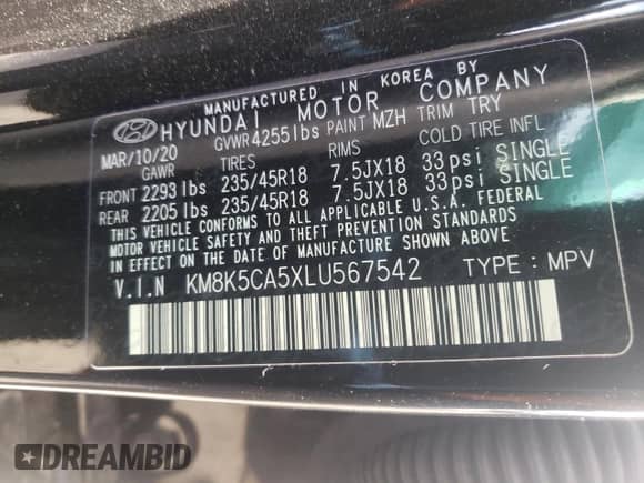 2020 Hyundai Kona Ultimate with VIN KM8K5CA5XLU567542, listed as a Copart auction lot 64837022 with 9,976 mi miles and . Bid and sale history available at DreamBid. Image 10.