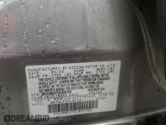 ✅ 2025 Nissan Versa SV • VIN: 3N1CN8EV7SL854753 • Лот: 93494855. Опубликован ранее на Copart с пробегом Не указан. Бесплатный доступ к архиву аукционных продаж из США и подробный отчёт об истории автомобиля на DreamBid. Изображение 13.