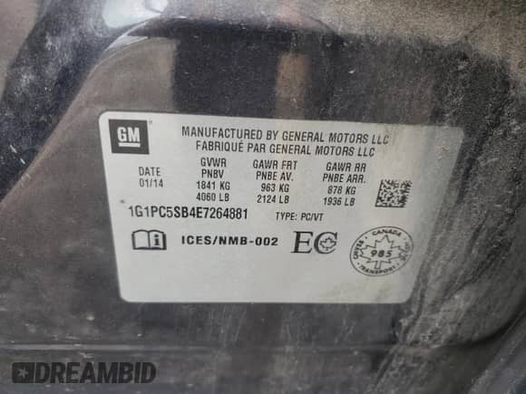 2014 Chevrolet Cruze 1LT with VIN 1G1PC5SB4E7264881, listed as a Copart auction lot 83849995 with 200,872 mi miles and Salvage title. Bid and sale history available at DreamBid. Image 12.