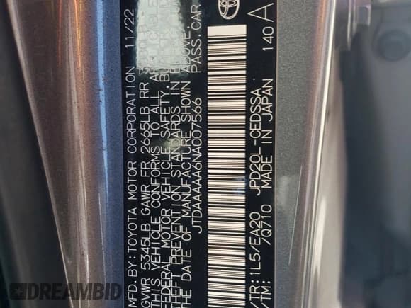 ✅ 2022 Toyota Mirai XLE • VIN: JTDAAAAA6NA007566 • Lot: 70970994. Wystawiony na Copart z przebiegiem 20 775 mil. Bezpłatny archiwum sprzedaży aukcyjnych z USA i szczegółowy raport historii pojazdu na DreamBid. Zdjęcie 12.