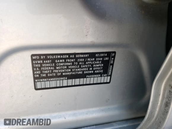 ✅ 2014 Volkswagen CC Executive • VIN: WVWRN7AN5EE528624 • Lot: 75838964. Listed on Copart with Not provided. Free auction sales archive from the USA and detailed vehicle history report at DreamBid. Image 12.