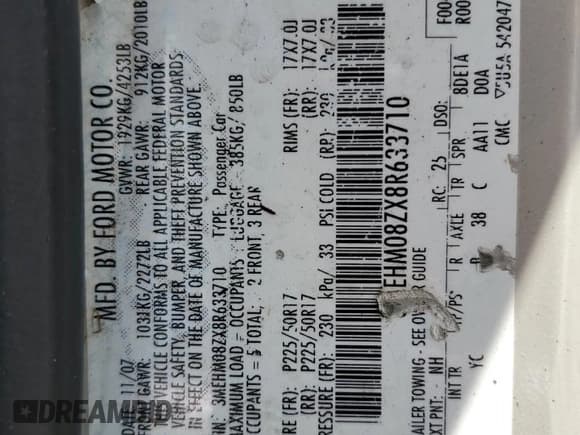 ✅ 2008 Mercury Milan Premier • VIN: 3MEHM08ZX8R633710 • Лот: 68763515. Опубликован ранее на Copart с пробегом 131 722 миль. Бесплатный доступ к архиву аукционных продаж из США и подробный отчёт об истории автомобиля на DreamBid. Изображение 13.