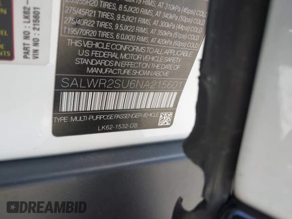 ✅ 2022 Land Rover Range Rover Sport HSE Silver Edition • VIN: SALWR2SU6NA215601 • Lot: 42831312. Listed on IAAI with 64,241 mi. Free auction sales archive from the USA and detailed vehicle history report at DreamBid. Image 9.