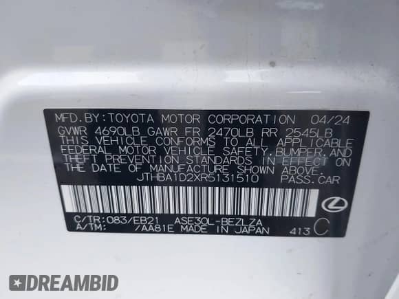 2024 Lexus IS 300 с VIN JTHBA1D2XR5131510, выставлен на аукционе IAAI как лот 41460652 с пробегом 10 580 миль миль и . История ставок и продаж доступна на DreamBid. Изображение 9.