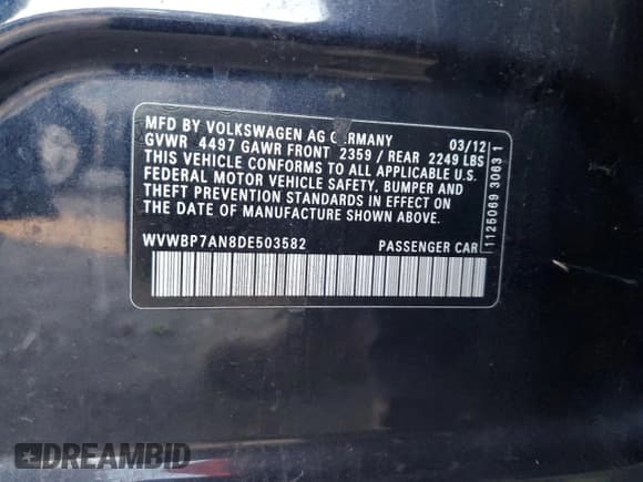 ✅ 2013 Volkswagen CC R-Line • VIN: WVWBP7AN8DE503582 • Lot: 92840265. Listed on Copart with 180,721 mi. Free auction sales archive from the USA and detailed vehicle history report at DreamBid. Image 12.